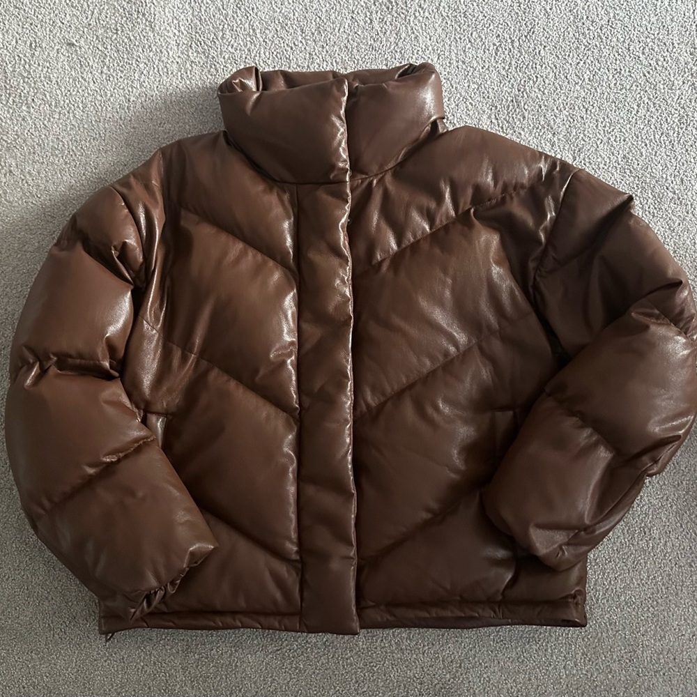 Aritzia Wilfred Cloud Puff Jacket in Vegan Leather Rich Brown